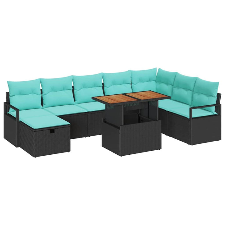 Havesofa Sæt med pude med opbevaring 9 pcs Sort polyrattan