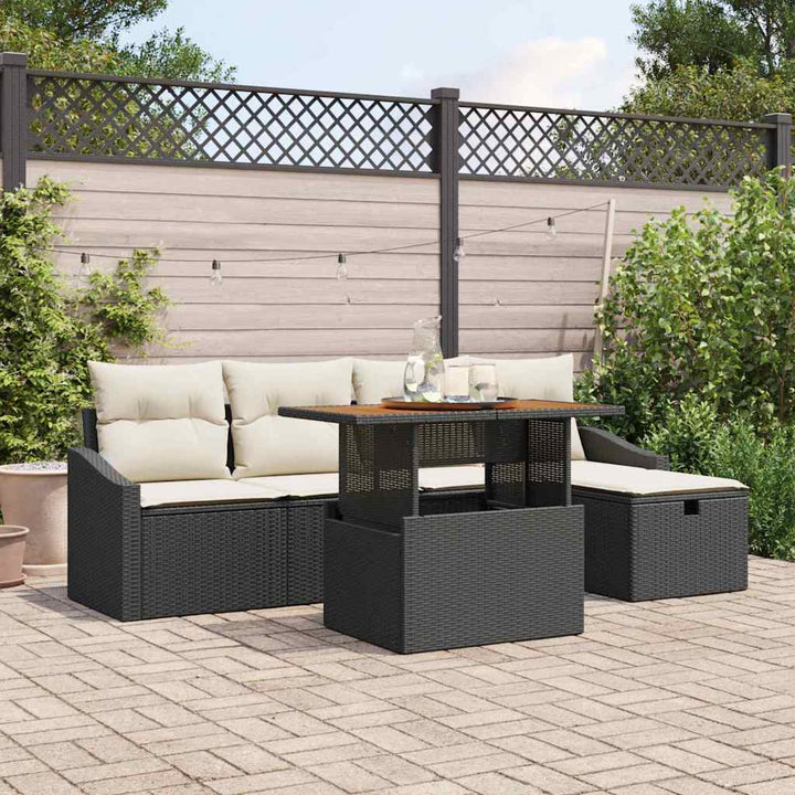 Havesofa Sæt med pude med opbevaring 6 pcs Sort polyrattan