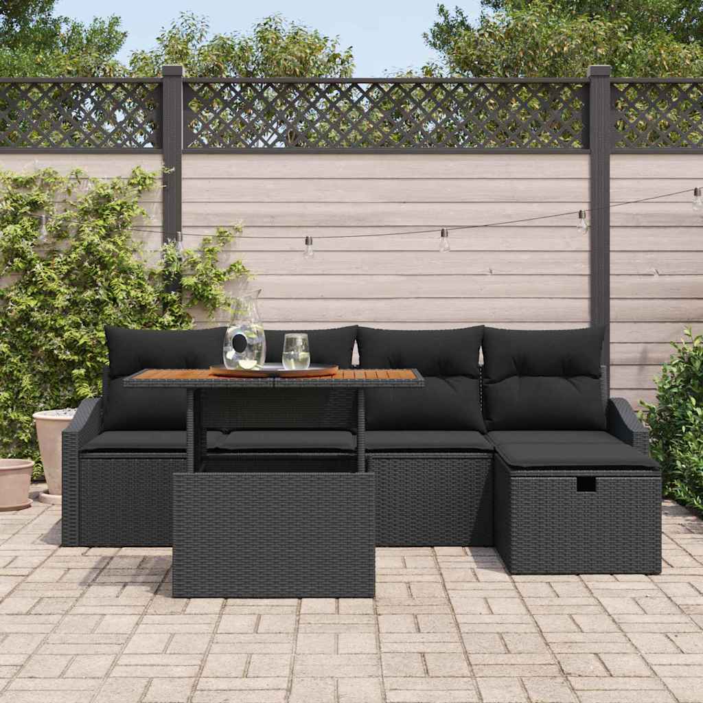 Havesofa Sæt med pude med opbevaring 6 pcs Sort polyrattan