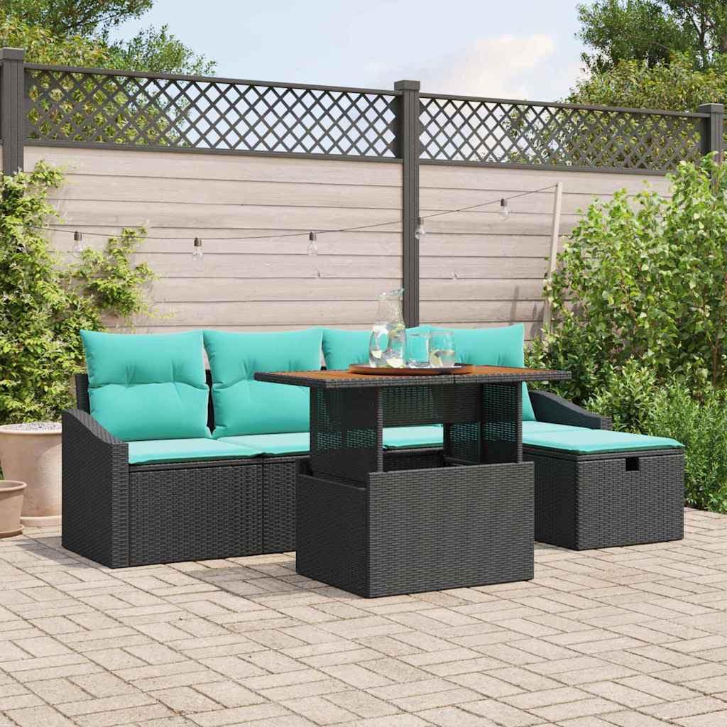 Havesofa Sæt med pude med opbevaring 6 pcs Sort polyrattan