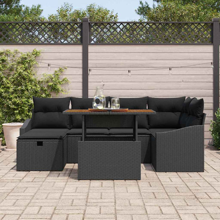 Havesofa Sæt med pude med opbevaring 7 pcs Sort polyrattan