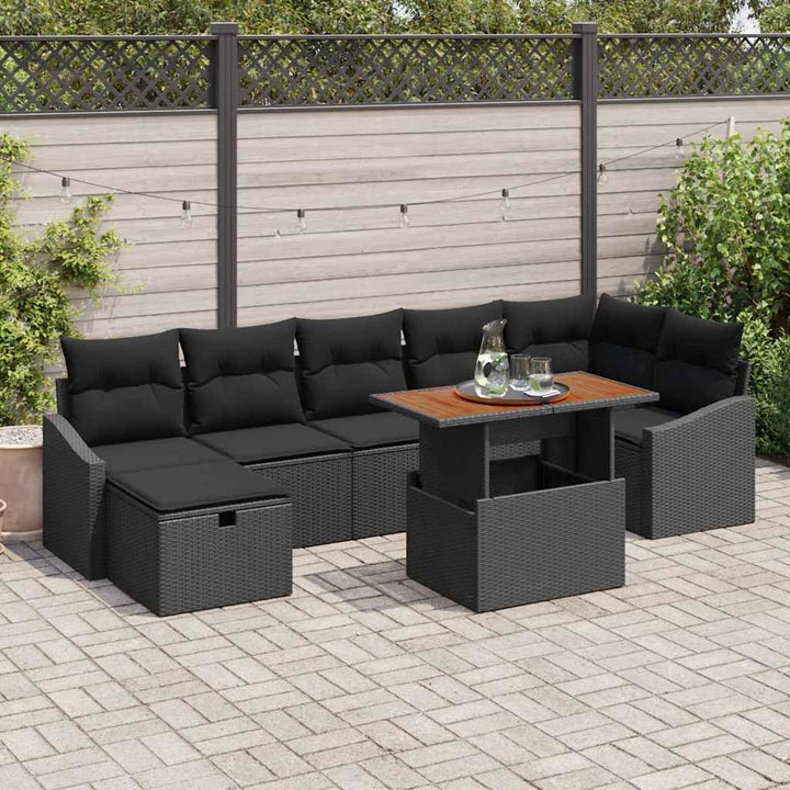 Havesofa Sæt med pude med opbevaring 8 pcs Sort polyrattan