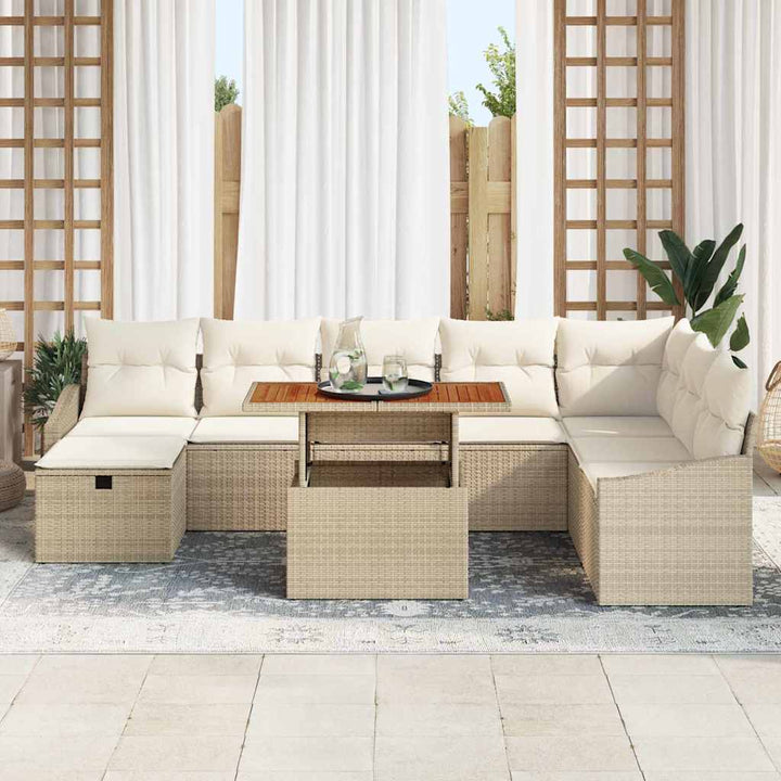 Havesofa Sæt med pude med opbevaring 9 pcs Beige polyrattan