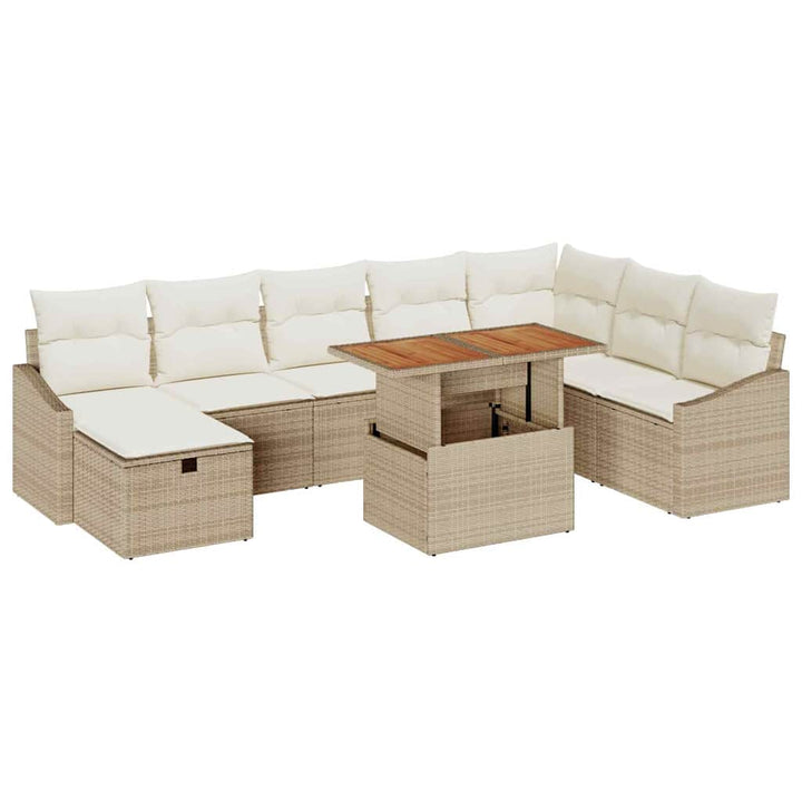 Havesofa Sæt med pude med opbevaring 9 pcs Beige polyrattan