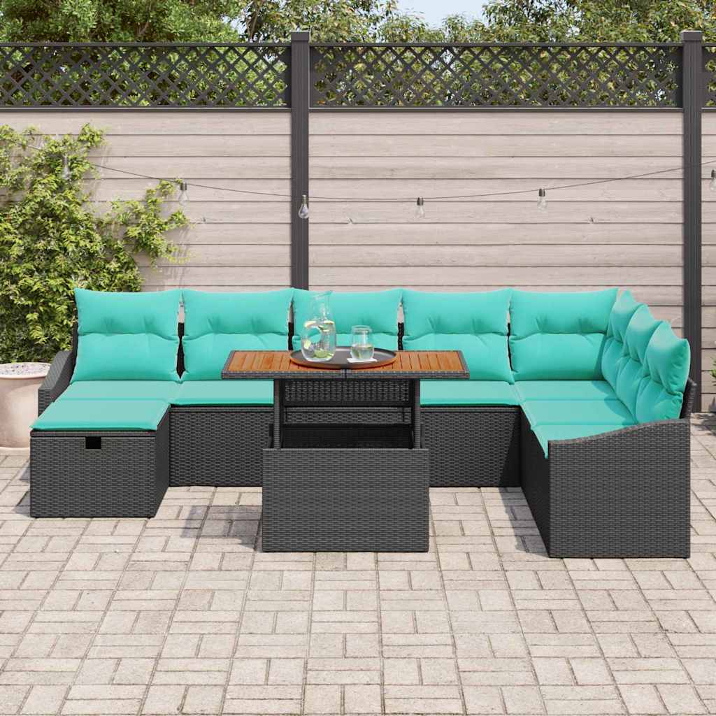 Havesofa Sæt med pude med opbevaring 9 pcs Sort polyrattan