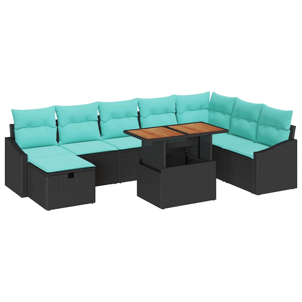 Havesofa Sæt med pude med opbevaring 9 pcs Sort polyrattan