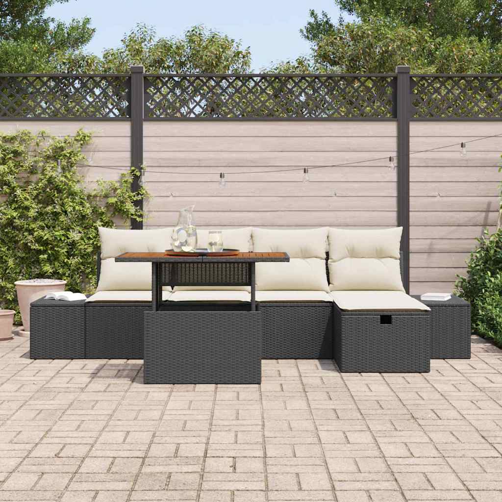 Havesofa Sæt med pude med opbevaring 6 pcs Sort polyrattan