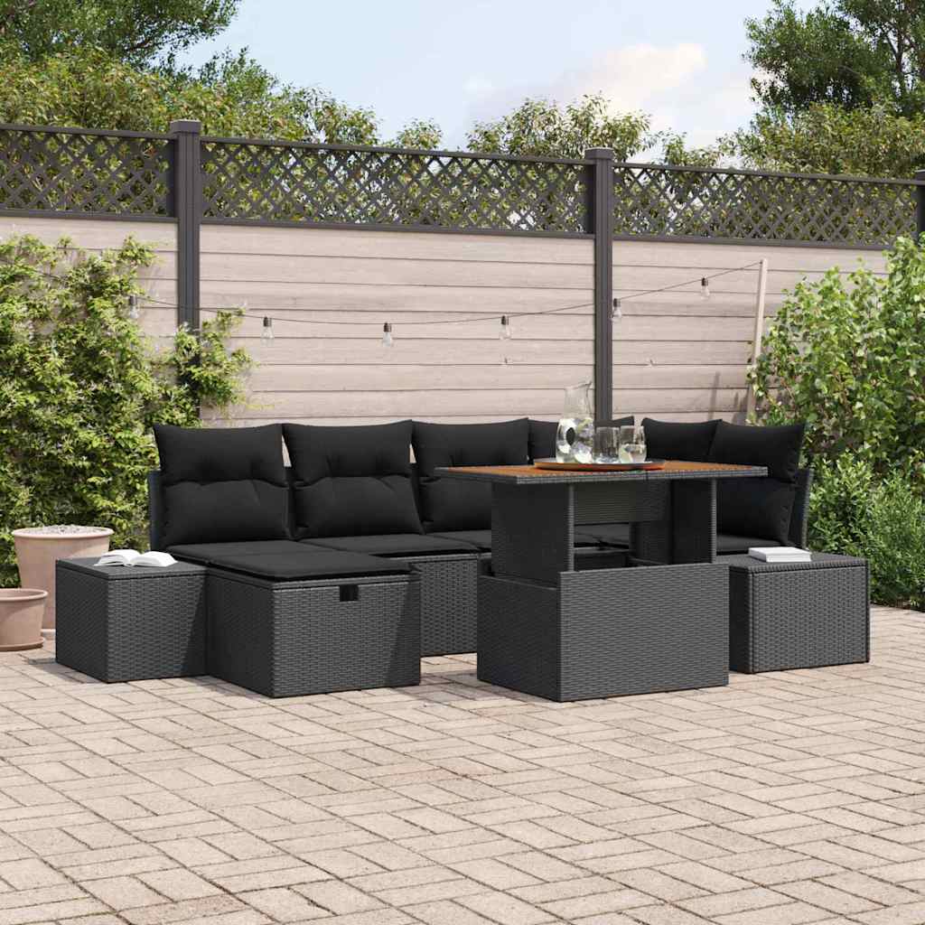 Havesofa Sæt med pude med opbevaring 7 pcs Sort polyrattan