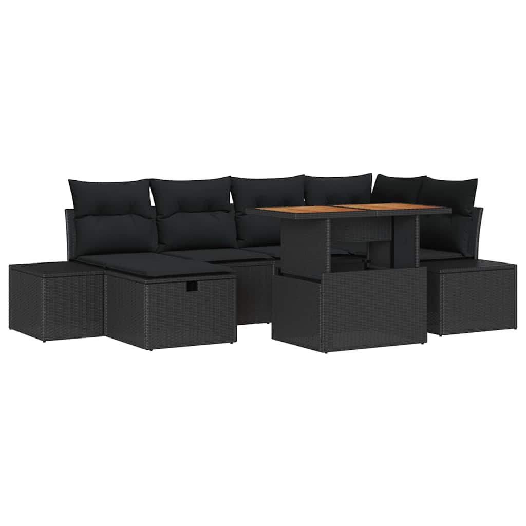 Havesofa Sæt med pude med opbevaring 7 pcs Sort polyrattan
