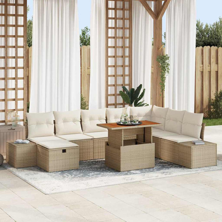 Havesofa Sæt med pude med opbevaring 9 pcs Beige polyrattan