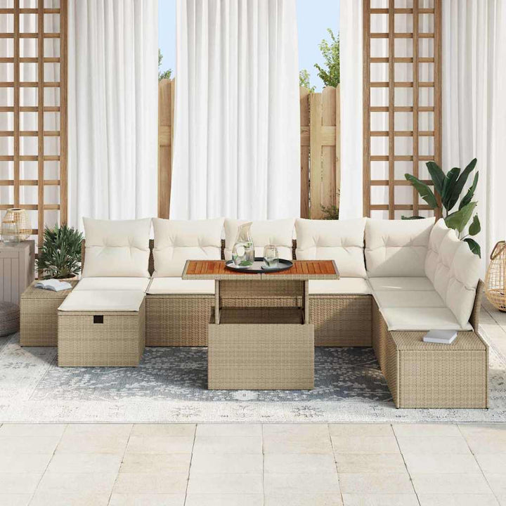Havesofa Sæt med pude med opbevaring 9 pcs Beige polyrattan