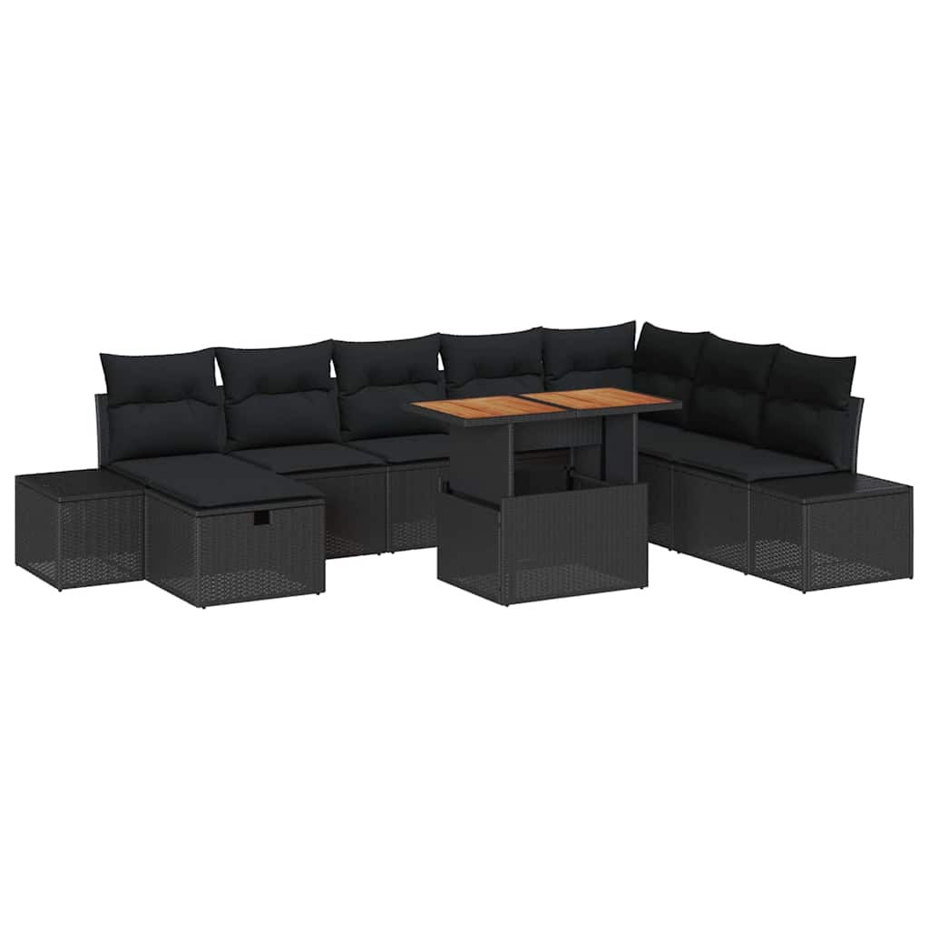 Havesofa Sæt med pude med opbevaring 9 pcs Sort polyrattan