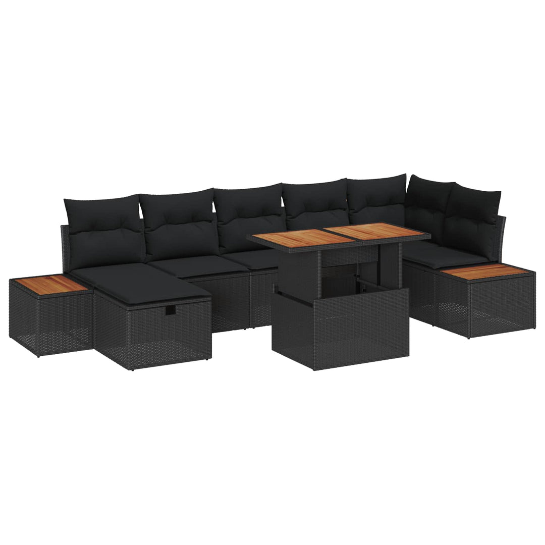 Havesofa Sæt med pude med opbevaring 8 pcs Sort polyrattan