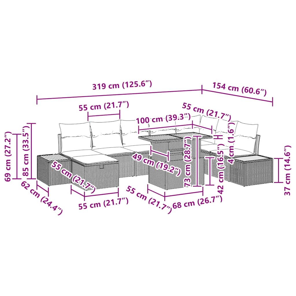 Havesofa Sæt med pude med opbevaring 9 pcs Beige polyrattan