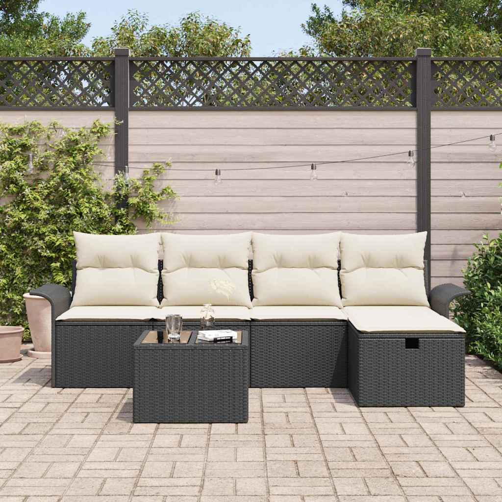 Havesofa Sæt med pude med opbevaring 6 pcs Sort Poly rattan