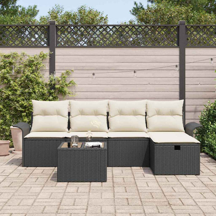 Havesofa Sæt med pude med opbevaring 6 pcs Sort Poly rattan