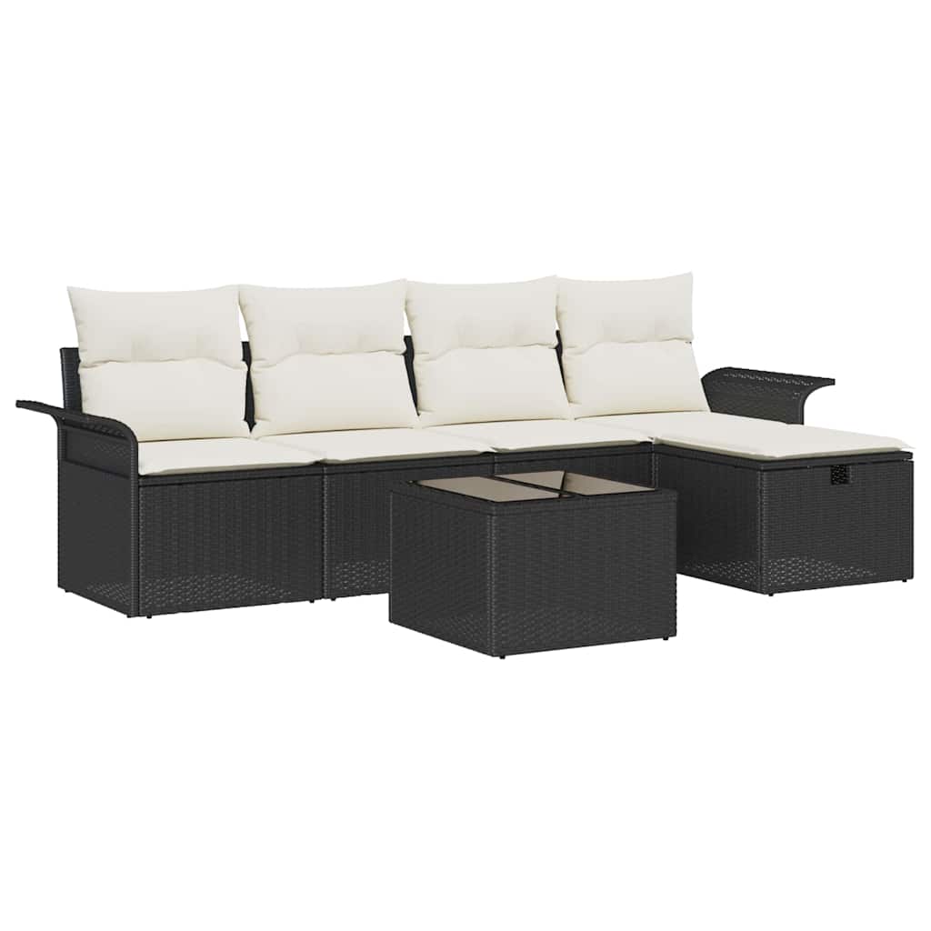 Havesofa Sæt med pude med opbevaring 6 pcs Sort Poly rattan