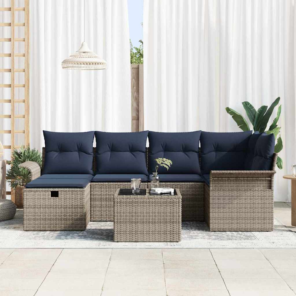 Havesofa Sæt med pude med opbevaring 7 pcs Grå Poly rattan