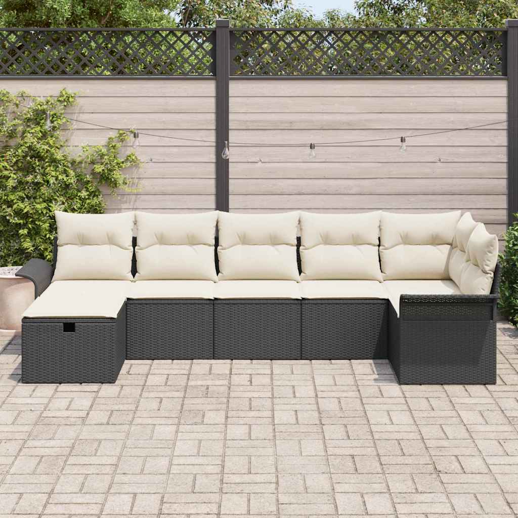 Havesofa Sæt med pude med opbevaring 7 pcs Sort Poly rattan