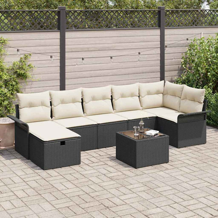 Havesofa Sæt med pude med opbevaring 8 pcs Sort Poly rattan