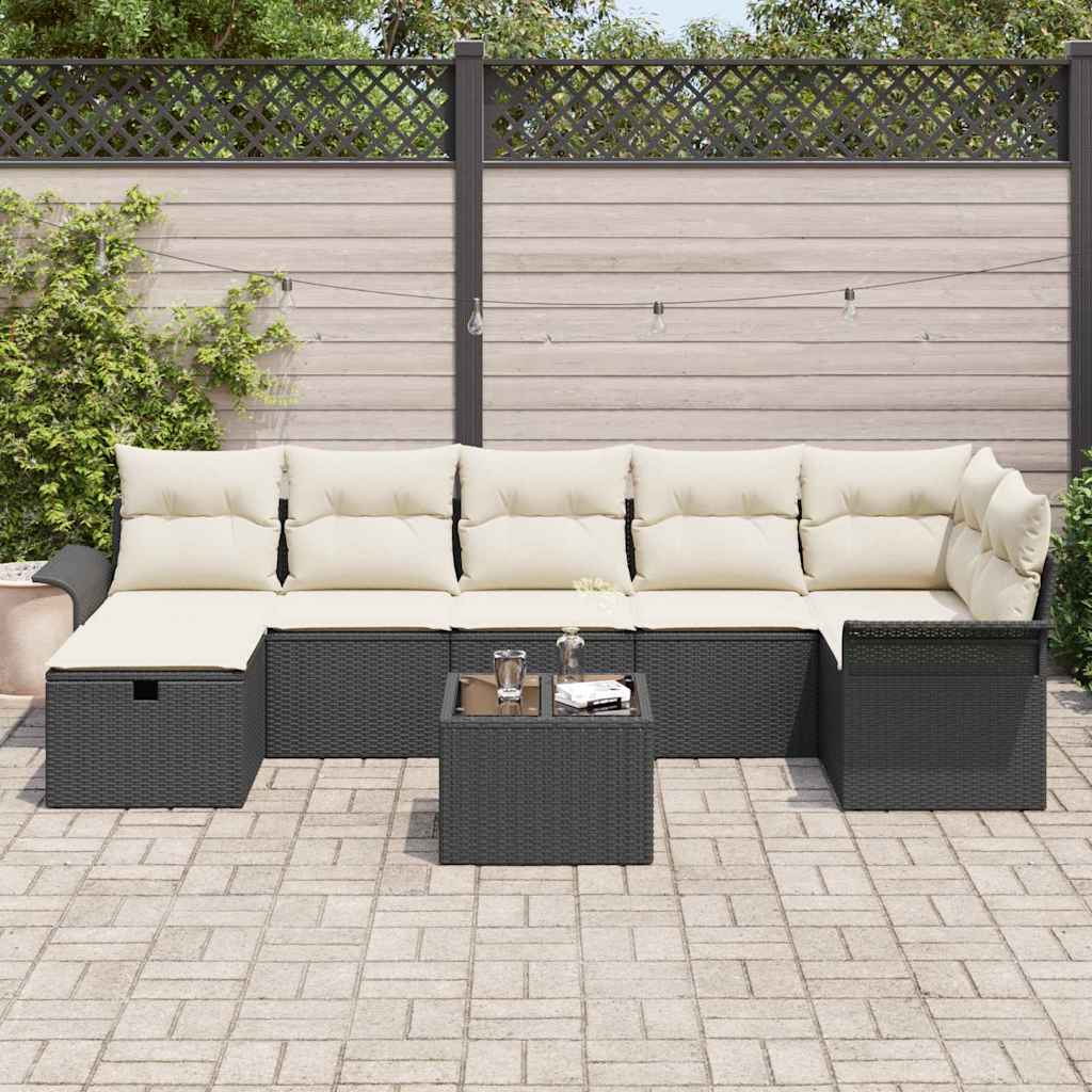 Havesofa Sæt med pude med opbevaring 8 pcs Sort Poly rattan