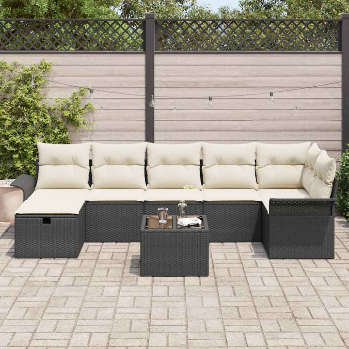 Havesofa Sæt med pude med opbevaring 8 pcs Sort Poly rattan