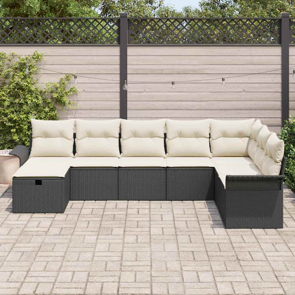 Havesofa Sæt med pude med opbevaring 8 pcs Sort Poly rattan