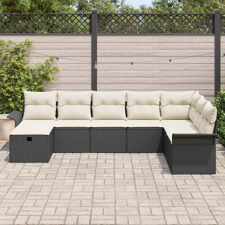 Havesofa Sæt med pude med opbevaring 8 pcs Sort Poly rattan