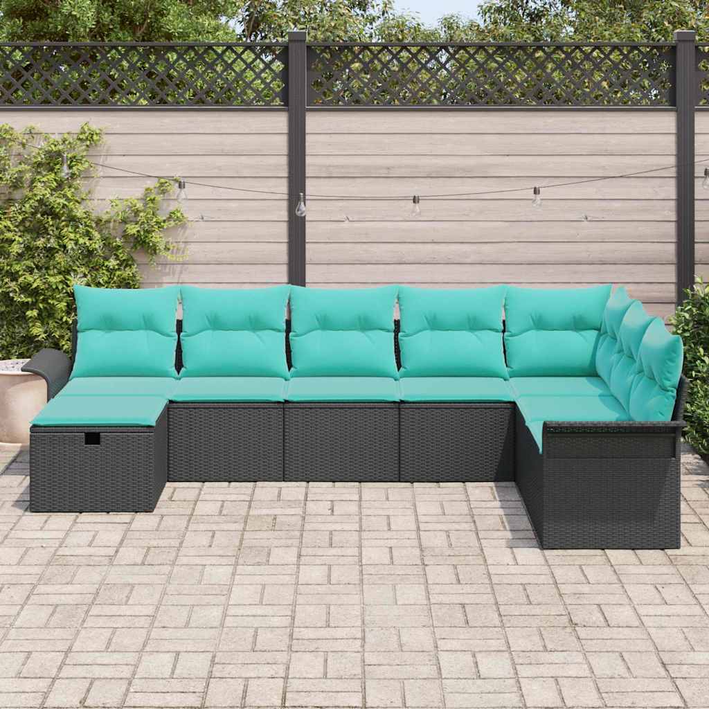 Havesofa Sæt med pude med opbevaring 8 pcs Sort Poly rattan