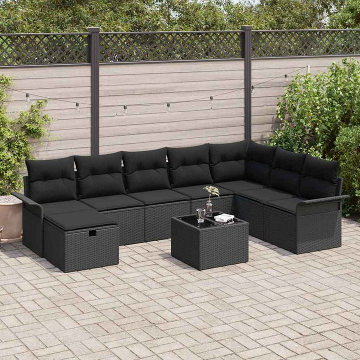 Havesofa Sæt med pude med opbevaring 9 pcs Sort Poly rattan