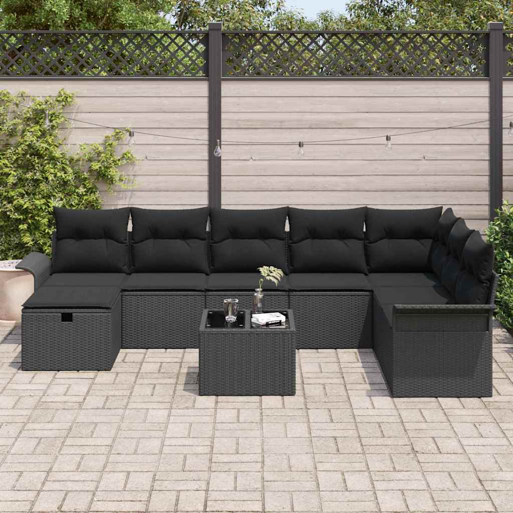 Havesofa Sæt med pude med opbevaring 9 pcs Sort Poly rattan