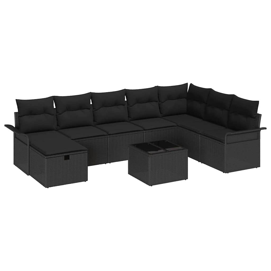 Havesofa Sæt med pude med opbevaring 9 pcs Sort Poly rattan