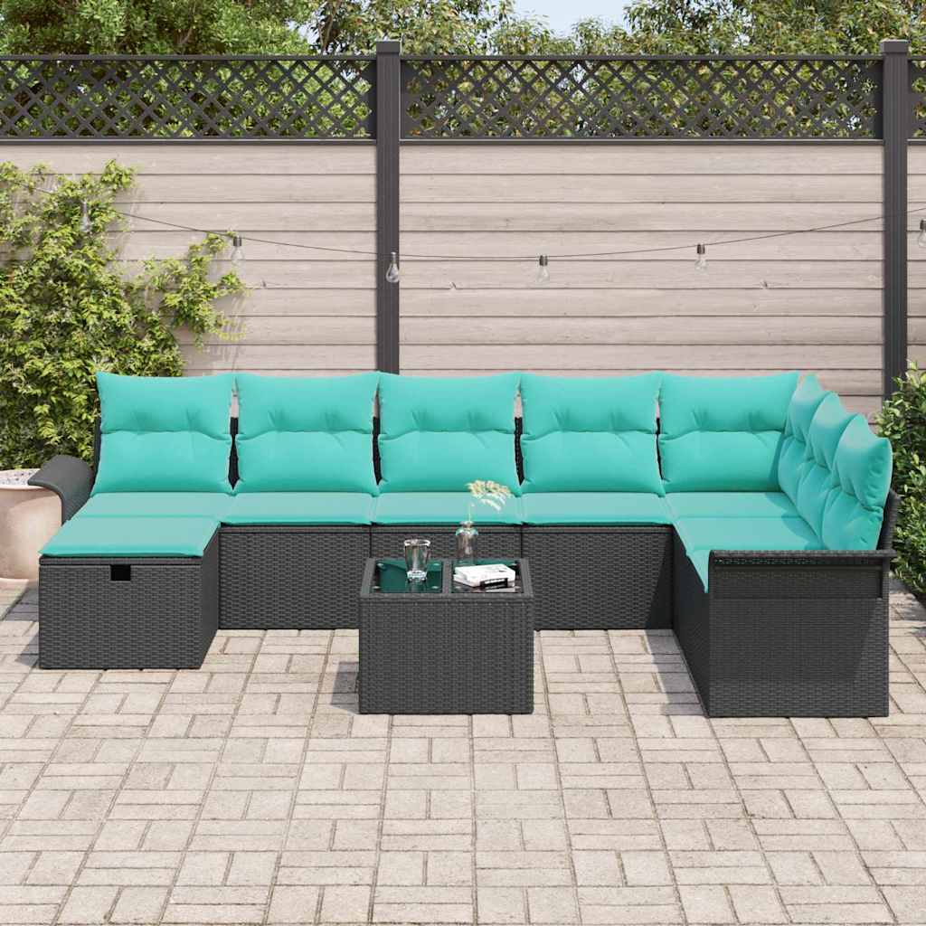 Havesofa Sæt med pude med opbevaring 9 pcs Sort Poly rattan