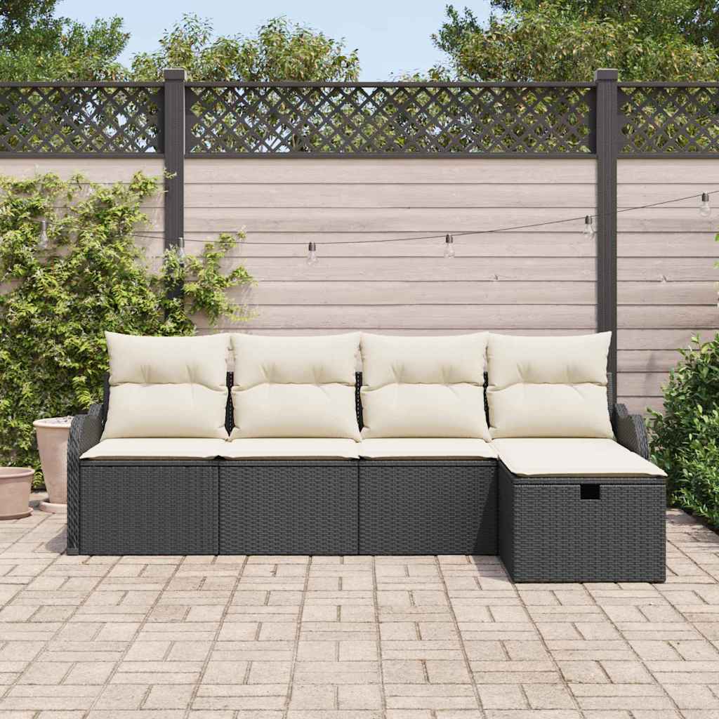 Havesofa Sæt med pude med opbevaring 5 pcs Sort Poly rattan