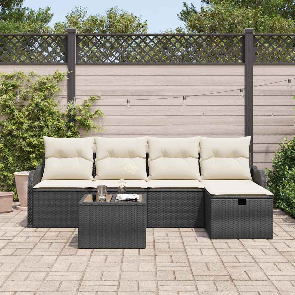 Havesofa Sæt med pude med opbevaring 6 pcs Sort Poly rattan