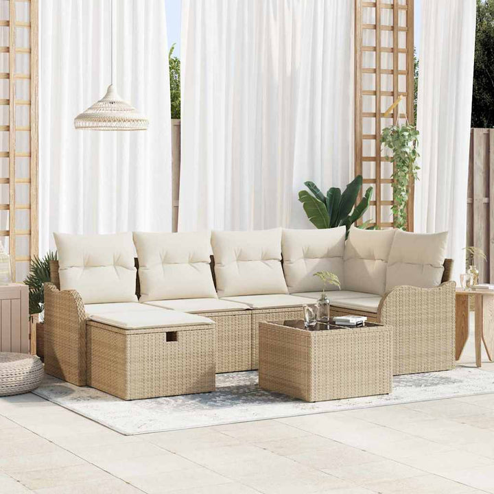 Havesofa Sæt med pude med opbevaring 7 pcs Beige Poly rattan