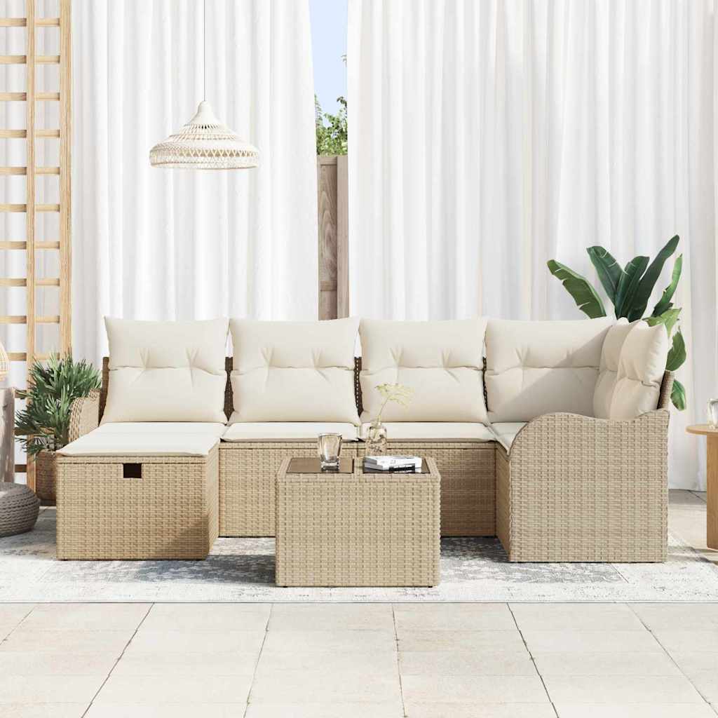 Havesofa Sæt med pude med opbevaring 7 pcs Beige Poly rattan