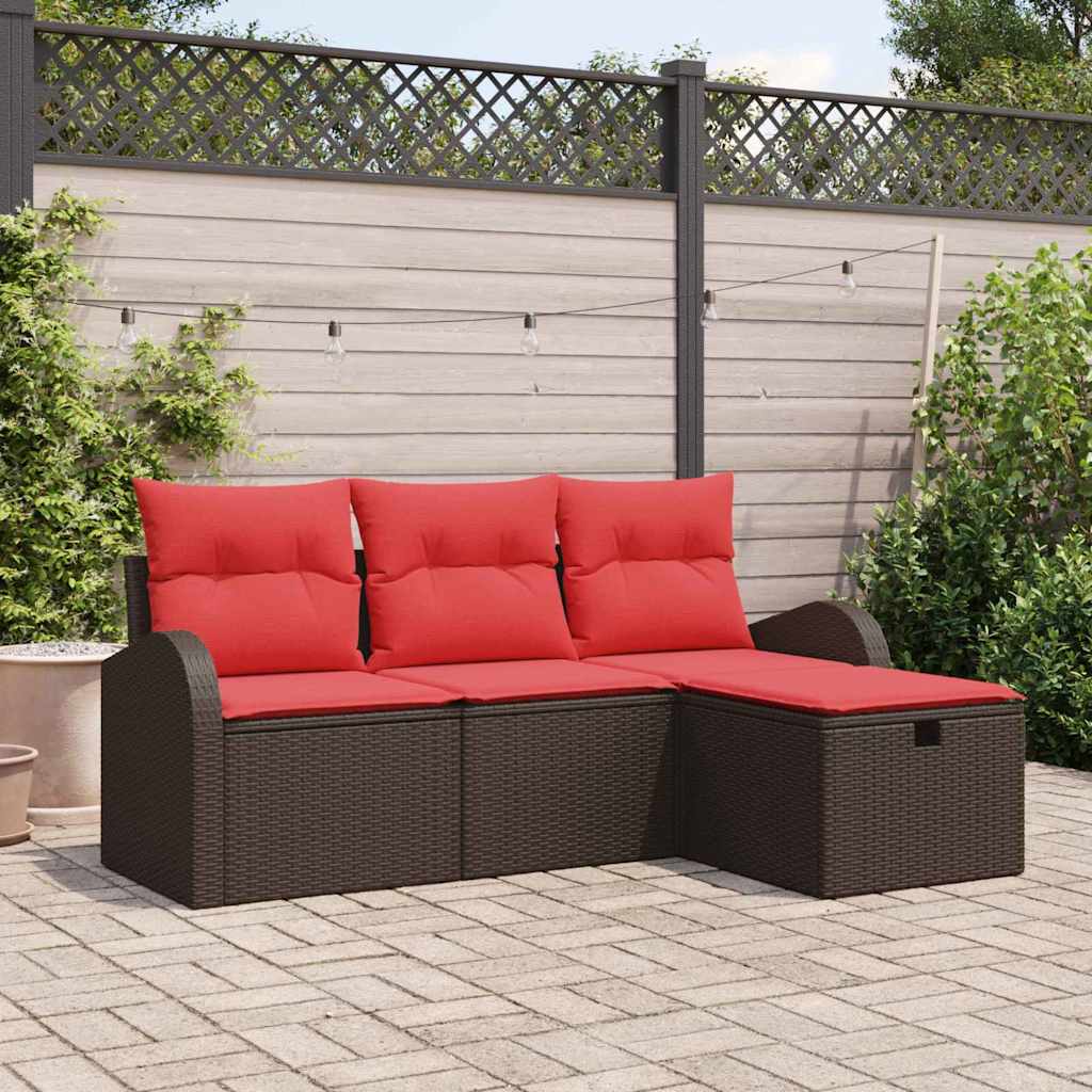 Havesofa Sæt med pude med opbevaring 4 pcs Brun polyrattan