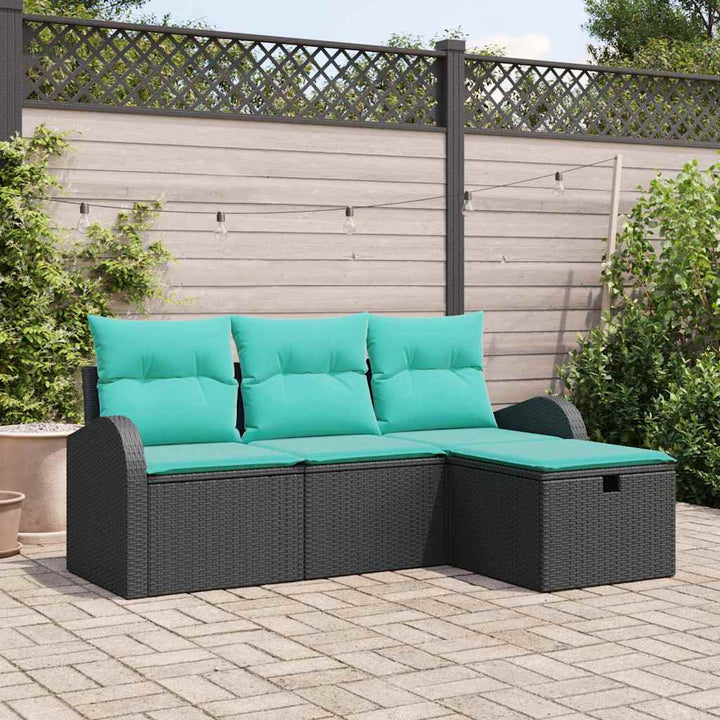 Havesofa Sæt med pude med opbevaring 4 pcs Sort polyrattan