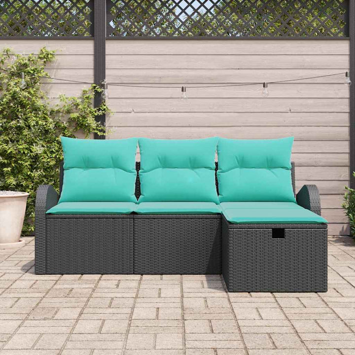 Havesofa Sæt med pude med opbevaring 4 pcs Sort polyrattan