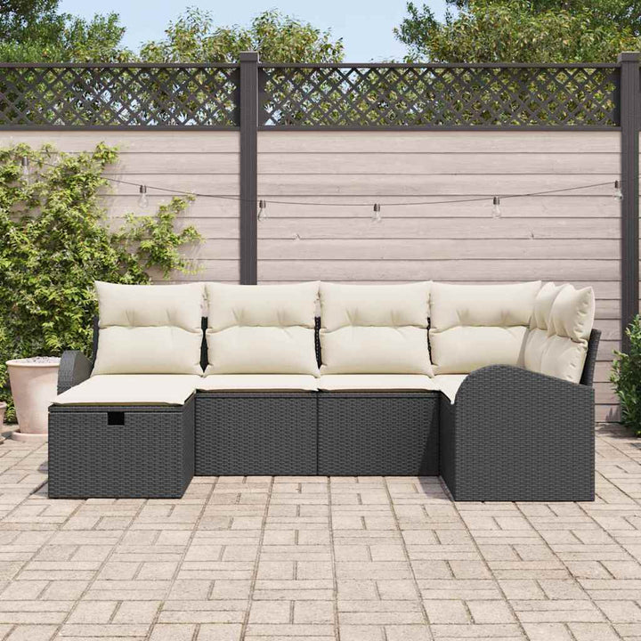 Havesofa Sæt med pude med opbevaring 6 pcs Sort Poly rattan