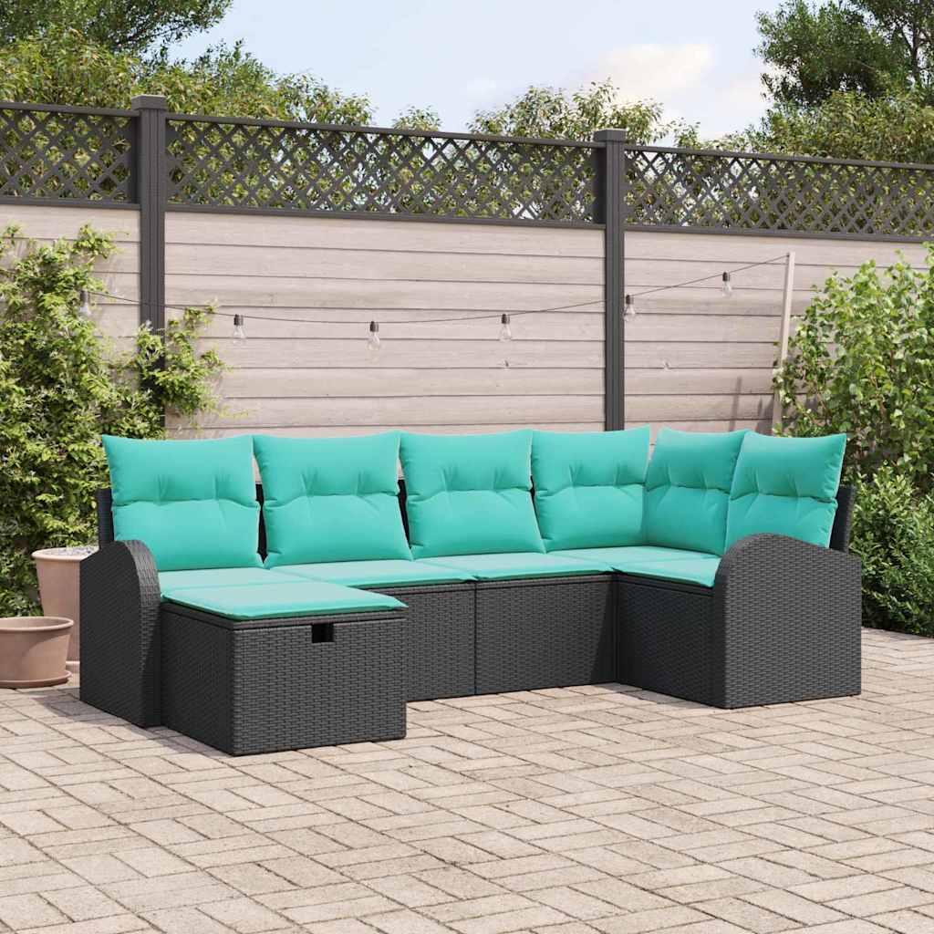 Havesofa Sæt med pude med opbevaring 6 pcs Sort polyrattan
