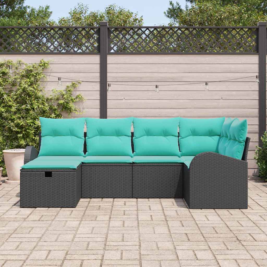 Havesofa Sæt med pude med opbevaring 6 pcs Sort polyrattan