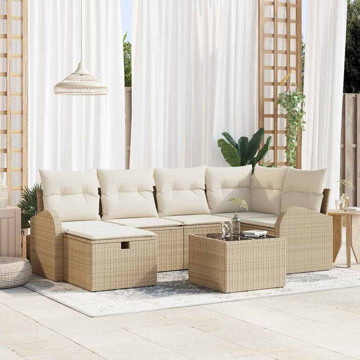 Havesofa Sæt med pude med opbevaring 7 pcs Beige Poly rattan