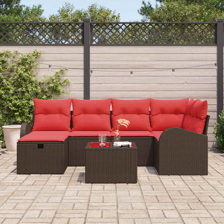 Havesofa Sæt med pude med opbevaring 7 pcs Brun polyrattan