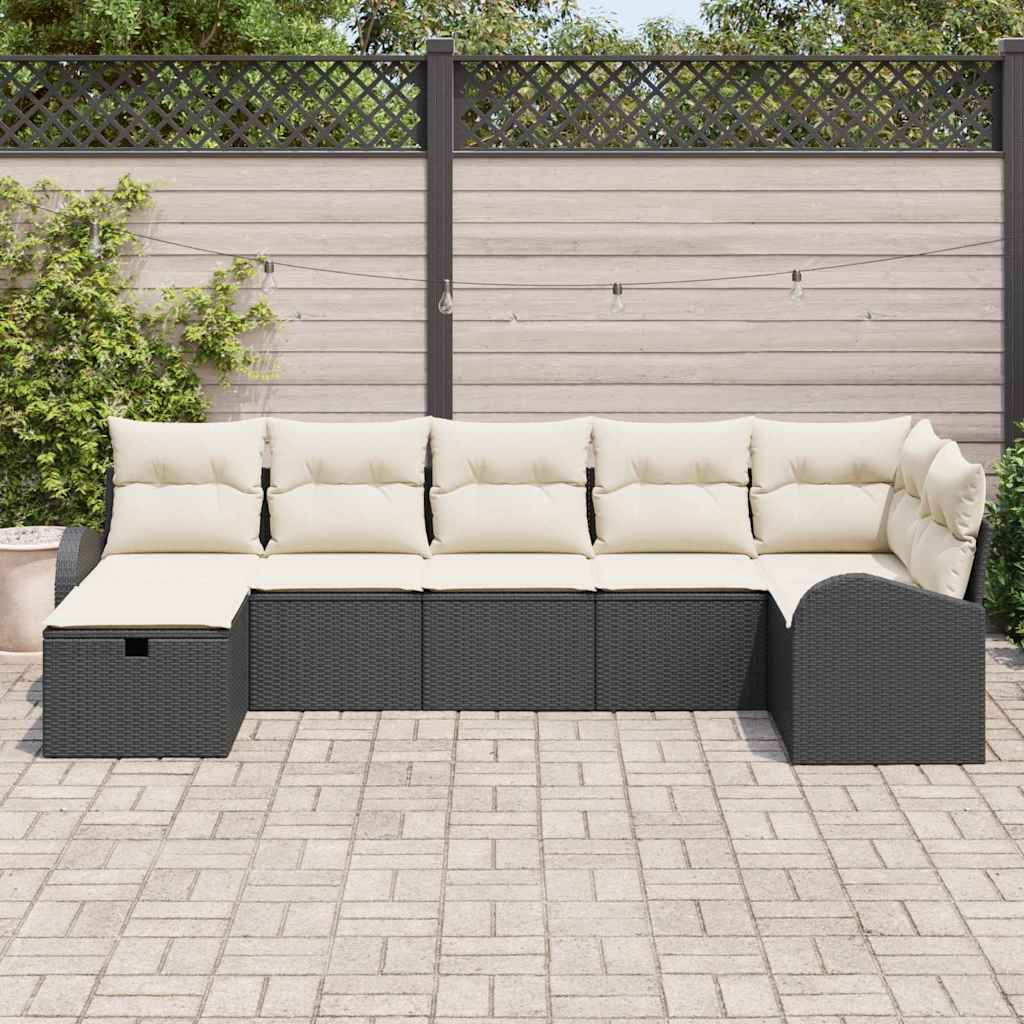 Havesofa Sæt med pude med opbevaring 7 pcs Sort polyrattan