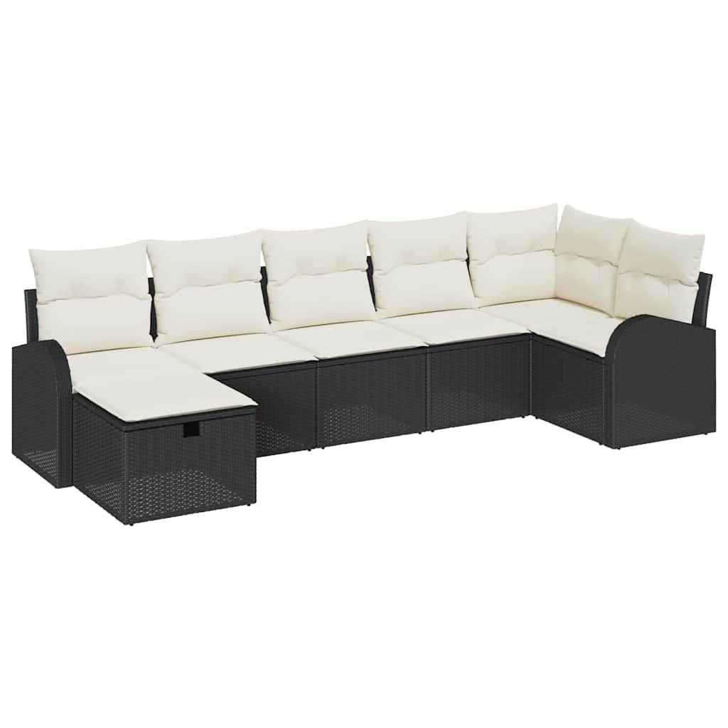 Havesofa Sæt med pude med opbevaring 7 pcs Sort polyrattan