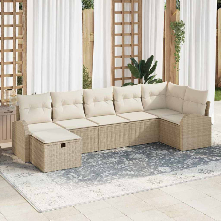 Havesofa Sæt med pude med opbevaring 7 pcs Beige polyrattan