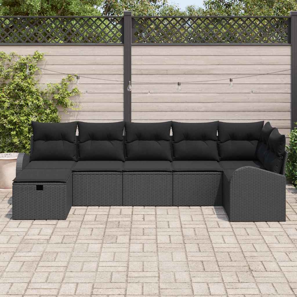 Havesofa Sæt med pude med opbevaring 7 pcs Sort polyrattan