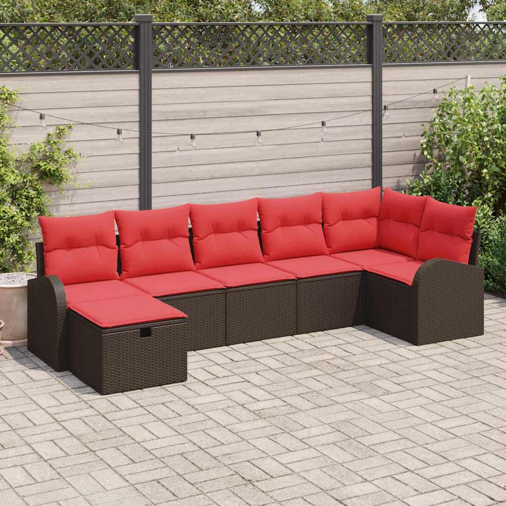 Havesofa Sæt med pude med opbevaring 7 pcs Brun polyrattan